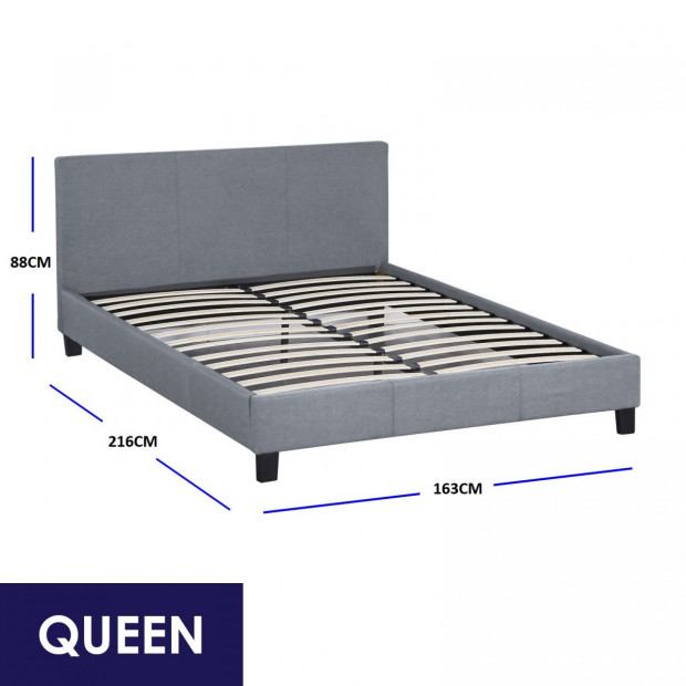 Luxury Bed Frame Base Headboard Solid Wood Linen Fabric Queen - Grey Image 4