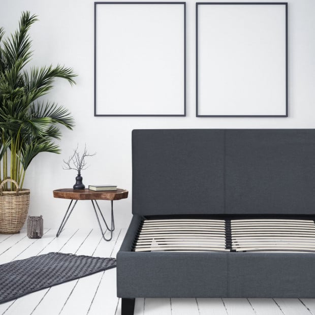 Luxury Bed Frame Base Headboard Solid Wood Linen Fabric King Charcoal Image 8