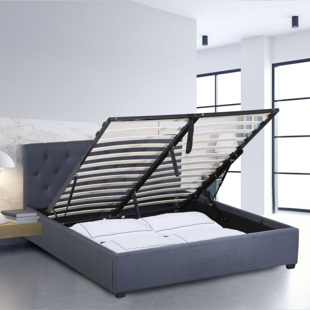 Luxury Gas Lift Bed Frame Base And Headboard Storage Single Charcoal - Solid Wood Image 3