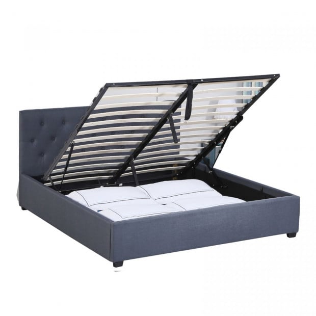 Luxury Gas Lift Bed Frame Base And Headboard Storage Single Charcoal - Solid Wood Image 5