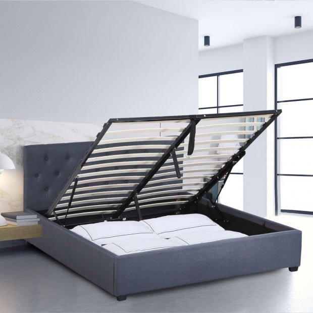 Luxury Gas Lift Bed Frame Base And Headboard Storage King Grey Image 3