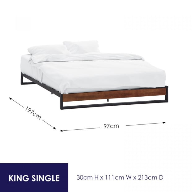 Metal Wood Bed Frame Mattress Base Platform Modern King Single - Black Image 2
