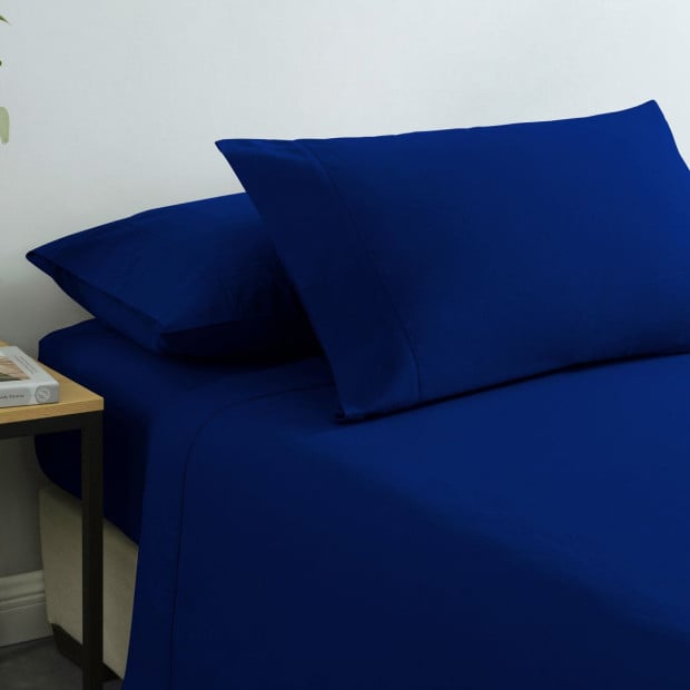 Washed 100% Cotton Sheet Set Fitted Flat Pillowcase Double Royal Blue Image 6