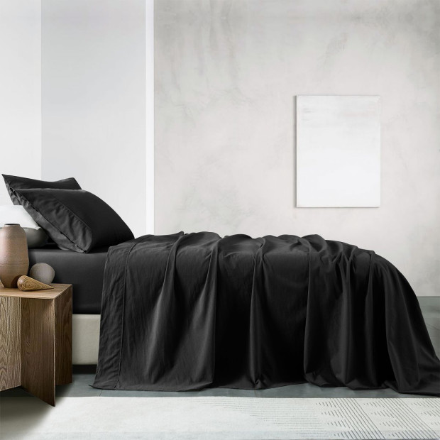 Washed 100% Cotton Sheet Set Fitted Flat Pillowcase Double - Charcoal