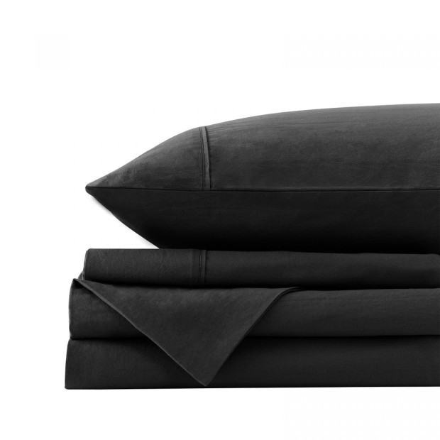 Washed 100% Cotton Sheet Set Fitted Flat Pillowcase Double - Charcoal Image 6