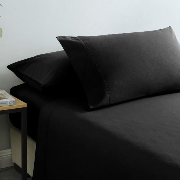 Washed 100% Cotton Sheet Set Fitted Flat Pillowcase Double - Charcoal Image 7