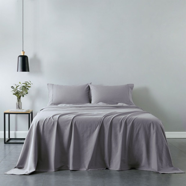 Washed 100% Cotton Sheet Set Fitted Flat Pillowcases - Double - Grey