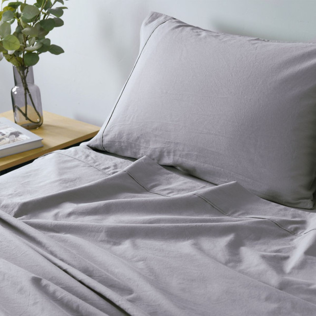 Washed 100% Cotton Sheet Set Fitted Flat Pillowcases - Double - Grey Image 4