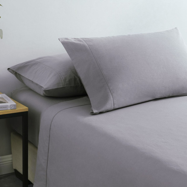 Washed 100% Cotton Sheet Set Fitted Flat Pillowcases - Double - Grey Image 7