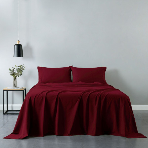 Washed 100% Cotton Sheet Set Fitted Flat Pillowcase Double Mulled Wine