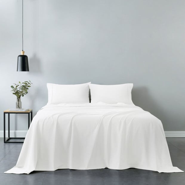Washed 100% Cotton Sheet Set Fitted Flat Pillowcases - Queen - White