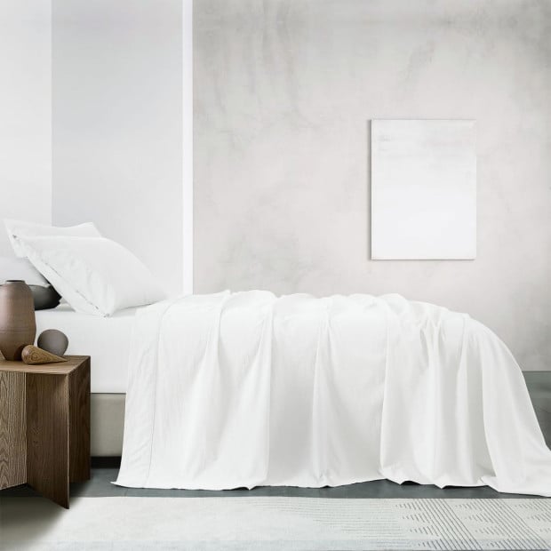Washed 100% Cotton Sheet Set Fitted Flat Pillowcases - Queen - White Image 2