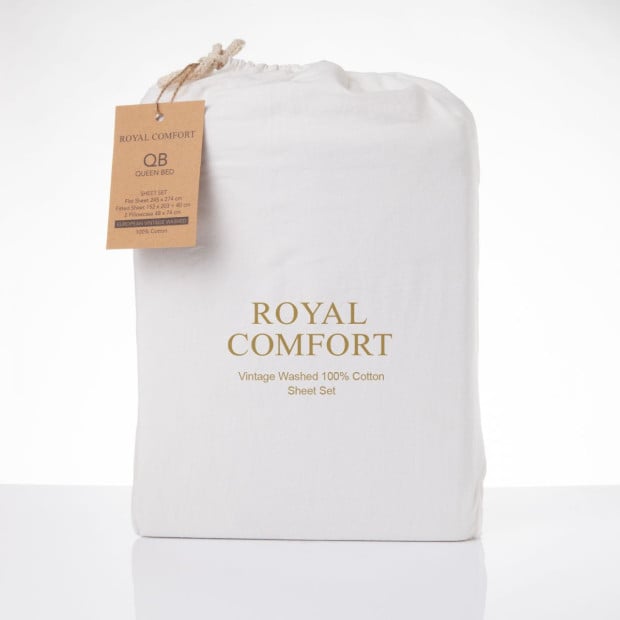 Washed 100% Cotton Sheet Set Fitted Flat Pillowcases - Queen - White Image 4