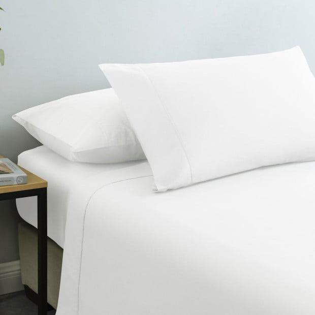 Washed 100% Cotton Sheet Set Fitted Flat Pillowcases - Queen - White Image 5