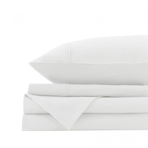 Washed 100% Cotton Sheet Set Fitted Flat Pillowcases - Queen - White Image 6