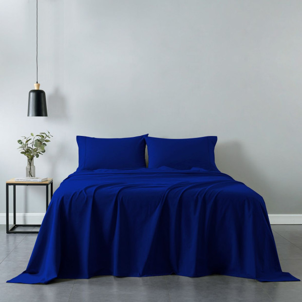 Washed 100% Cotton Sheet Set Fitted Flat Pillowcase Queen - Royal Blue