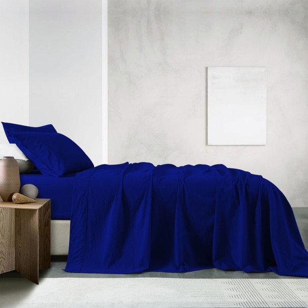 Washed 100% Cotton Sheet Set Fitted Flat Pillowcase Queen - Royal Blue Image 2