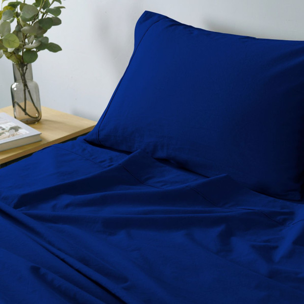Washed 100% Cotton Sheet Set Fitted Flat Pillowcase Queen - Royal Blue Image 4