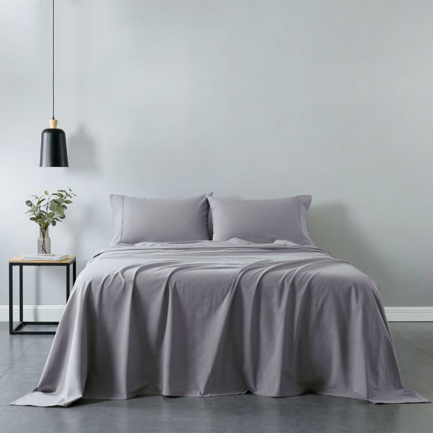 Washed 100% Cotton Sheet Set Fitted Flat Pillowcases Queen - Grey