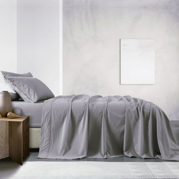 Washed 100% Cotton Sheet Set Fitted Flat Pillowcases Queen - Grey Image 2