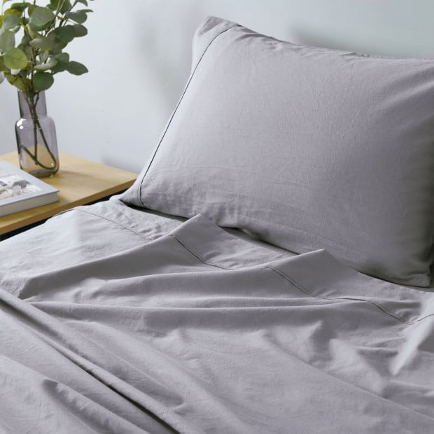 Washed 100% Cotton Sheet Set Fitted Flat Pillowcases Queen - Grey Image 4