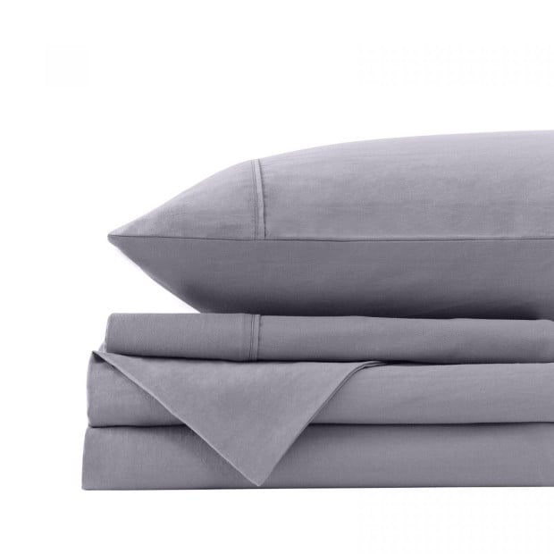 Washed 100% Cotton Sheet Set Fitted Flat Pillowcases Queen - Grey Image 6
