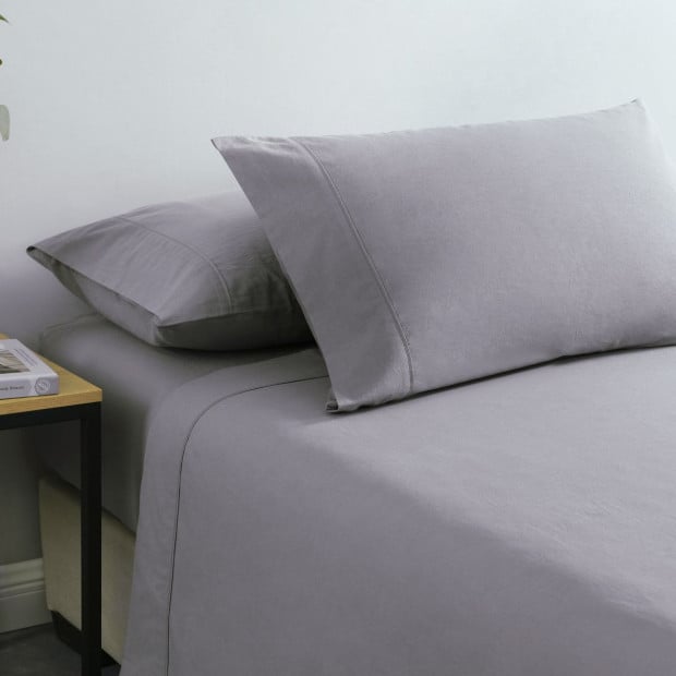 Washed 100% Cotton Sheet Set Fitted Flat Pillowcases Queen - Grey Image 7