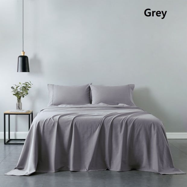 Washed 100% Cotton Sheet Set Fitted Flat Pillowcases Queen - Grey Image 9