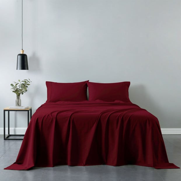 Washed 100% Cotton Sheet Set Fitted Flat Pillowcases Queen Mulled Wine