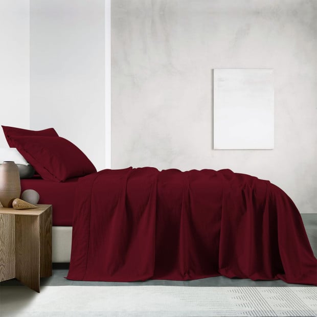 Washed 100% Cotton Sheet Set Fitted Flat Pillowcases Queen Mulled Wine Image 2