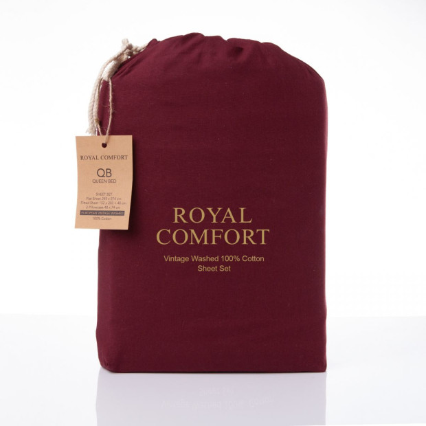 Washed 100% Cotton Sheet Set Fitted Flat Pillowcases Queen Mulled Wine Image 3