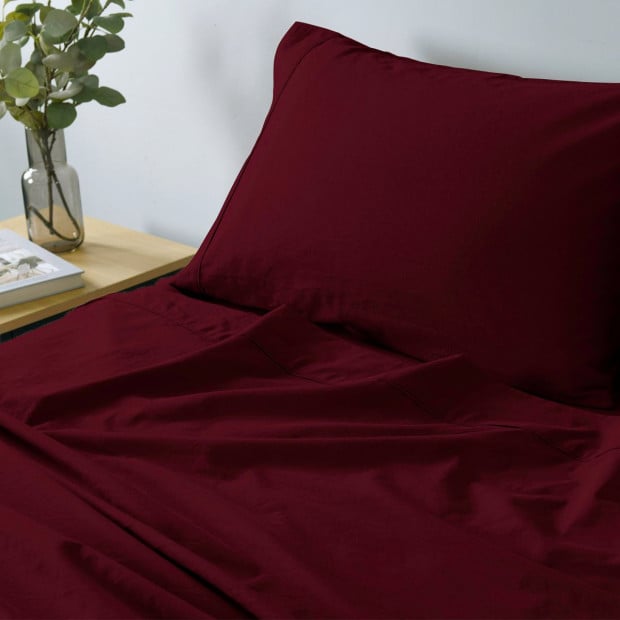 Washed 100% Cotton Sheet Set Fitted Flat Pillowcases Queen Mulled Wine Image 4