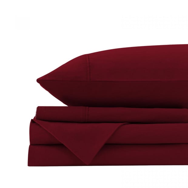 Washed 100% Cotton Sheet Set Fitted Flat Pillowcases Queen Mulled Wine Image 7