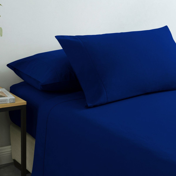 Washed 100% Cotton Sheet Set Fitted Flat Pillowcases -King -Royal Blue Image 6