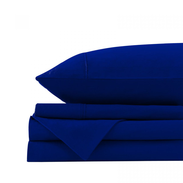 Washed 100% Cotton Sheet Set Fitted Flat Pillowcases -King -Royal Blue Image 7