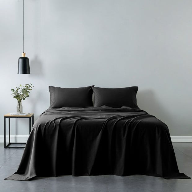 Washed 100% Cotton Sheet Set Fitted Flat Pillowcases - King -Charcoal Image 2