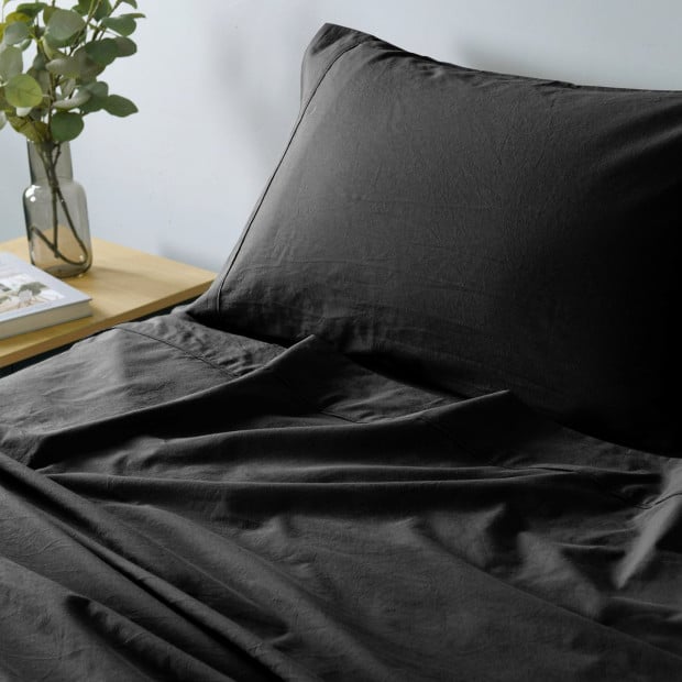 Washed 100% Cotton Sheet Set Fitted Flat Pillowcases - King -Charcoal Image 4
