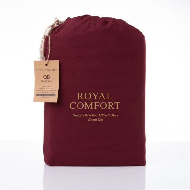 Washed 100% Cotton Sheet Set Fitted Flat Pillowcase- King -Mulled Wine Image 3