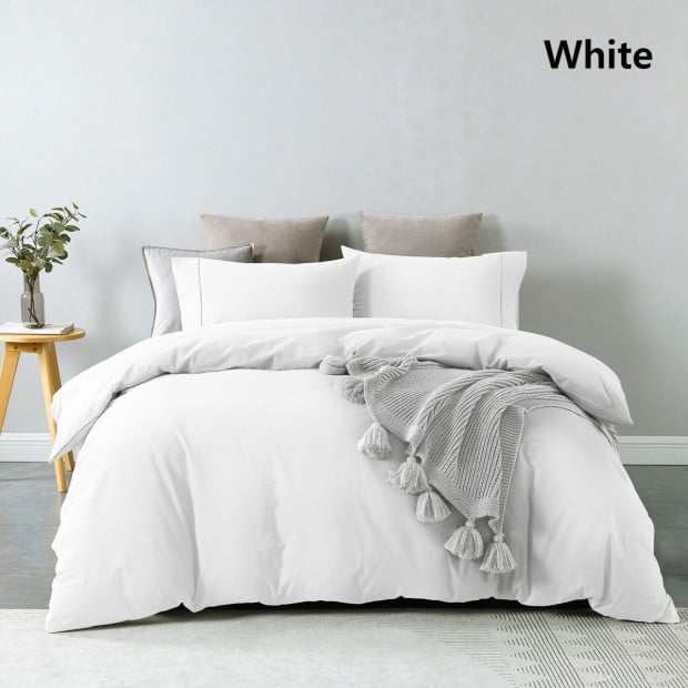 Washed 100% Cotton Quilt Cover Set Bedding Single - White Image 5