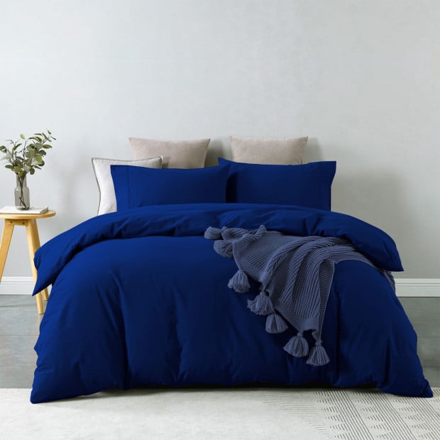 Washed 100% Cotton Quilt Cover Set Ultra Soft Single Royal Blue