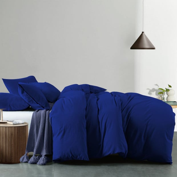 Washed 100% Cotton Quilt Cover Set Ultra Soft Single Royal Blue Image 2