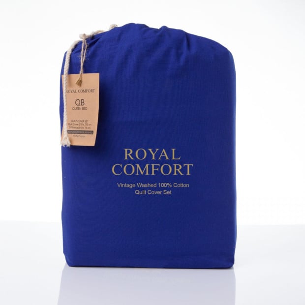 Washed 100% Cotton Quilt Cover Set Ultra Soft Single Royal Blue Image 3