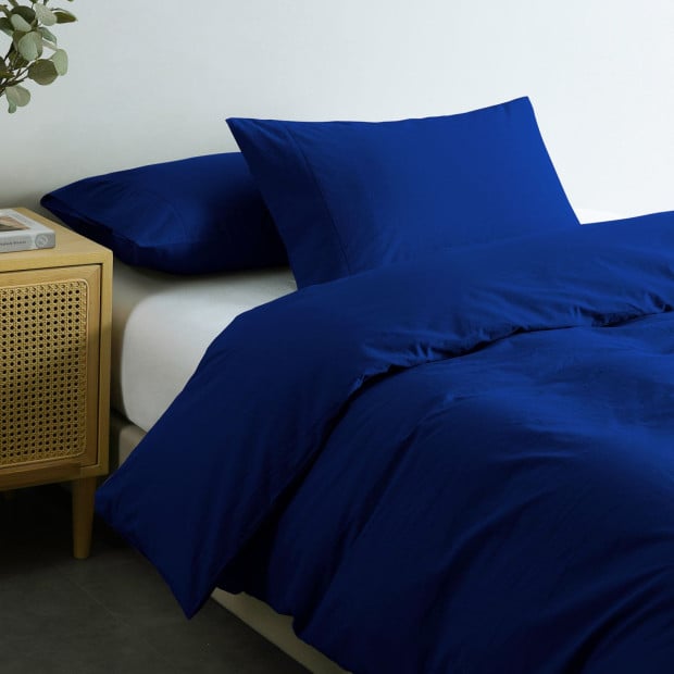 Washed 100% Cotton Quilt Cover Set Ultra Soft Single Royal Blue Image 4