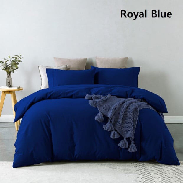 Washed 100% Cotton Quilt Cover Set Ultra Soft Single Royal Blue Image 7