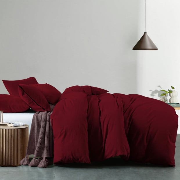 Washed 100% Cotton Quilt Cover Set Ultra Soft Single Mulled Wine Image 2