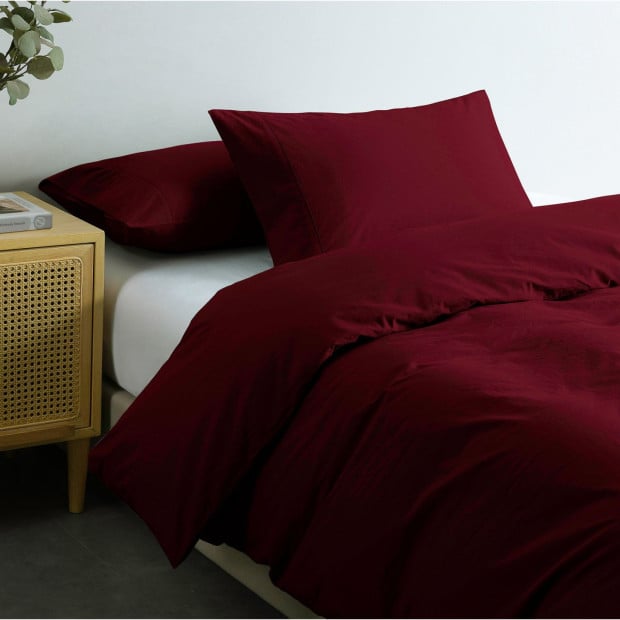 Washed 100% Cotton Quilt Cover Set Ultra Soft Single Mulled Wine Image 4