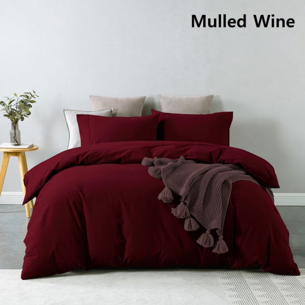 Washed 100% Cotton Quilt Cover Set Ultra Soft Single Mulled Wine Image 7