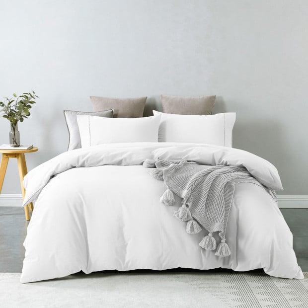 Washed 100% Cotton Quilt Cover Set Bedding Ultra Soft - Double - White