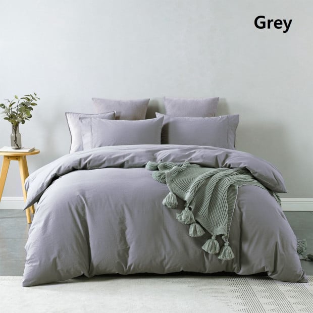 Washed 100% Cotton Quilt Cover Set Bedding Ultra Soft - Double - Grey Image 5