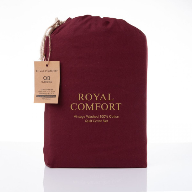 Washed 100% Cotton Quilt Cover Set Bedding Ultra Soft Queen MulledWine Image 3